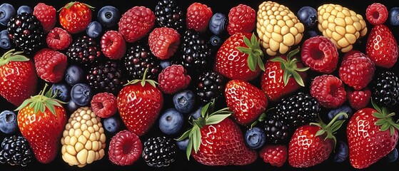 Fototapeta premium A collection of strawberries, blueberries, raspberries, and corn against a dark background
