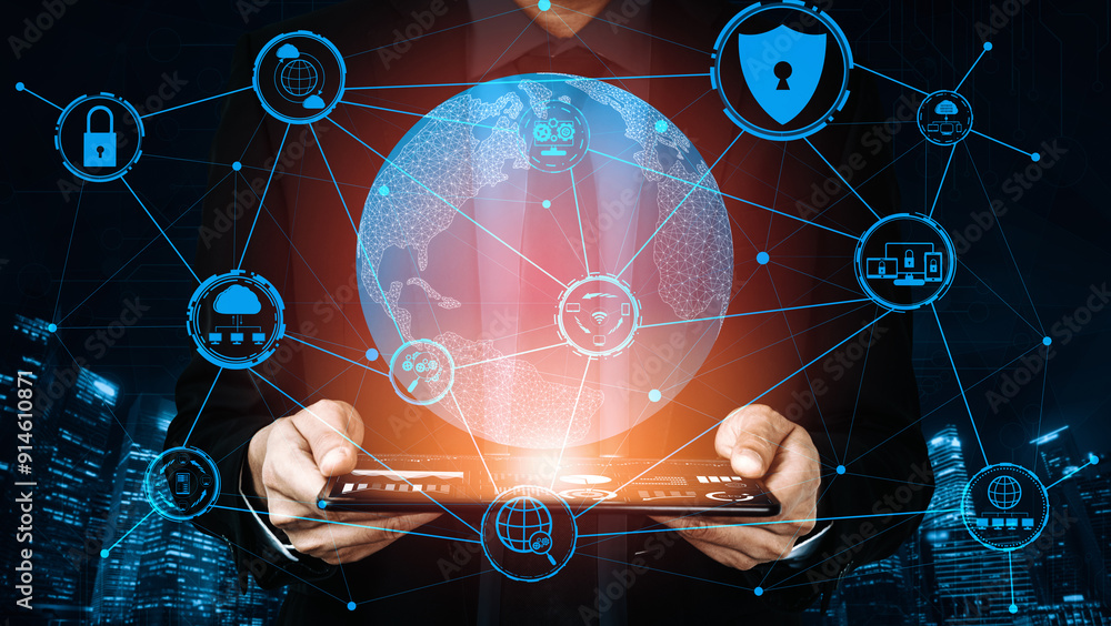 Aufkleber cyber security and digital data protection concept. icon interface showing secure firewall technolog