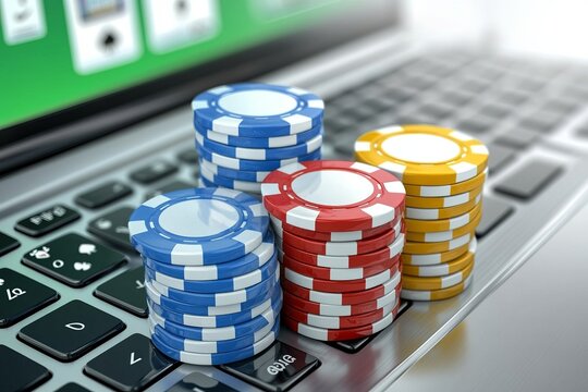 Laptop Keyboard with casino chips ,illustrating online gambling, virtual gambling