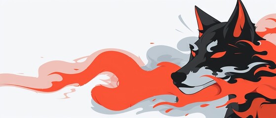   Picture of a dog with a red and black design on its face, and a black and white design on the back of its head