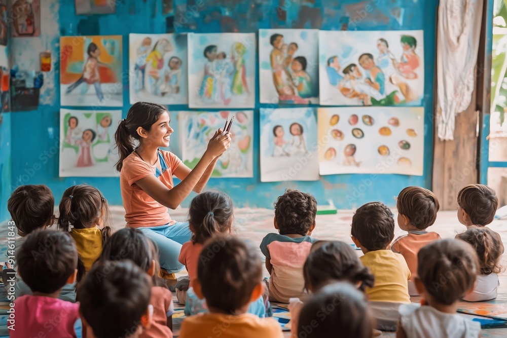 Poster engaging classroom session with children listening to a storyteller in a colorful learning environme