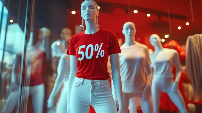 3D animation of mannequins in red t-shirts with the inscription "50%" on the background