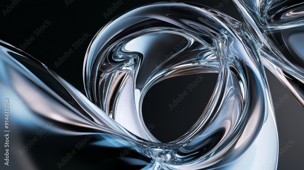 Poster 3d animation of abstract glass shapes with colored light reflections on a dark background