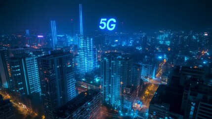 3d animation of a night city with the inscription 5g against the background of skyscrapers