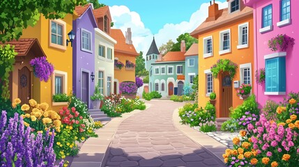 Fototapeta premium Charming Colorful Village Street Lined With Blooming Flowers and Quaint Houses Under a Bright Clear Sky