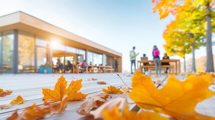 A vibrant autumn day with students comprehending new lessons in an outdoor facility surrounded by colorful fall leaves and modern educational tools