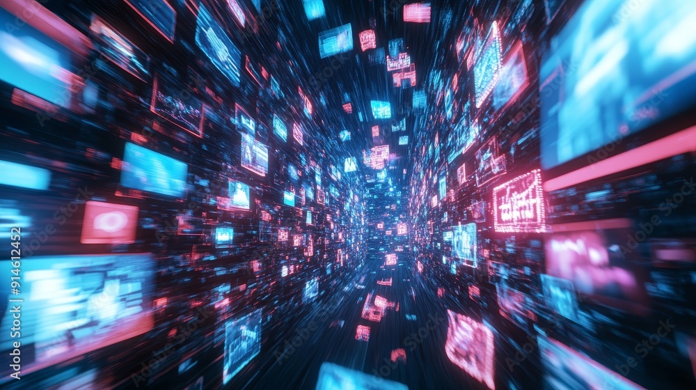 Poster 3d animation of an abstract digital network with bright icons and lines on a dark background