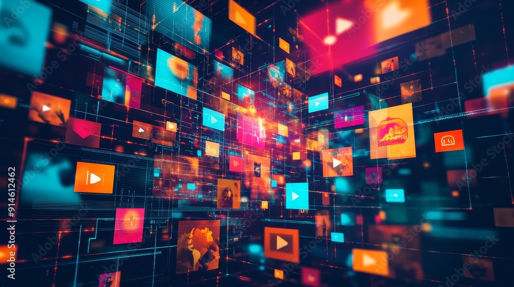 Poster 3d animation of an abstract digital network with bright icons and lines on a dark background