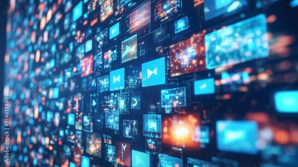 Poster 3d animation of an abstract digital network with bright icons and lines on a dark background