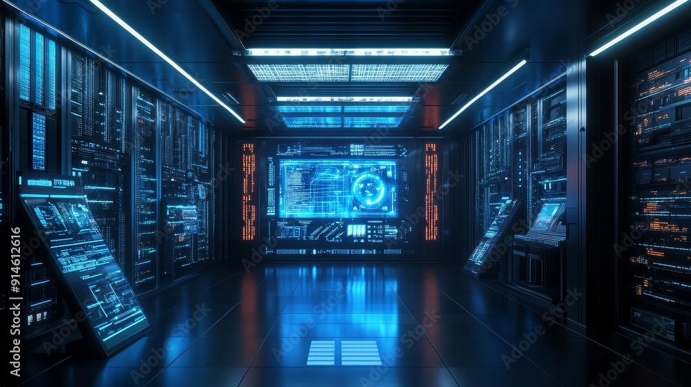 Poster 3d animation of a futuristic command center with blue holograms and screens