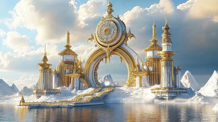 3D animation of a fantasy castle with golden towers on a background of clouds