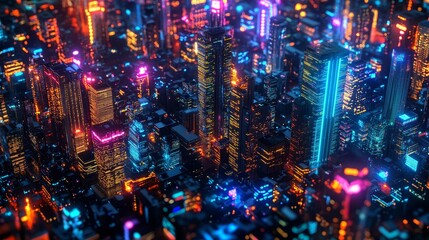3d animation of a night metropolis with bright neon lights and skyscrapers
