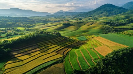 Obraz premium A 3D animation of a scenic aerial view of lush green terraced fields in a hilly landscape