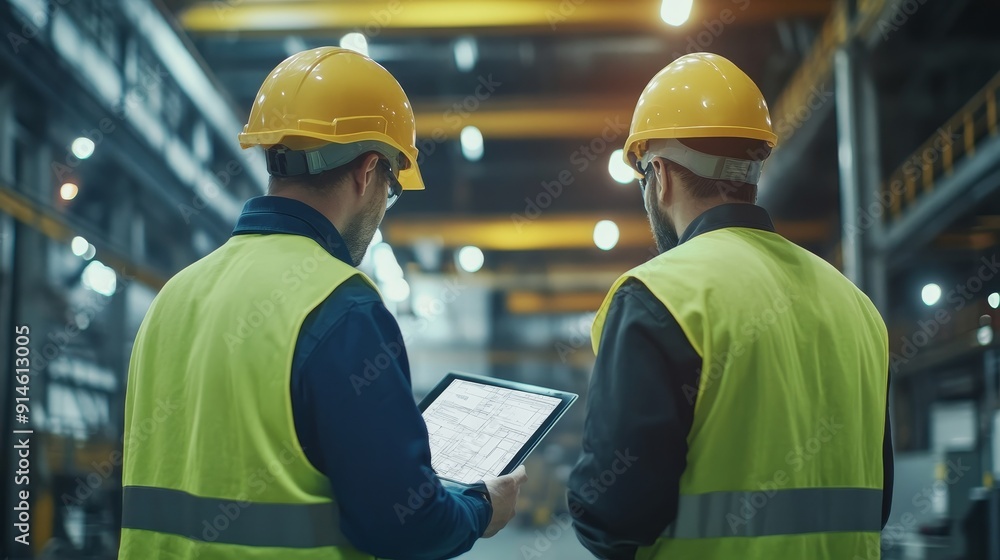 Aufkleber 3d animation of two engineers in safety vests and hard hats discussing plans at a factory