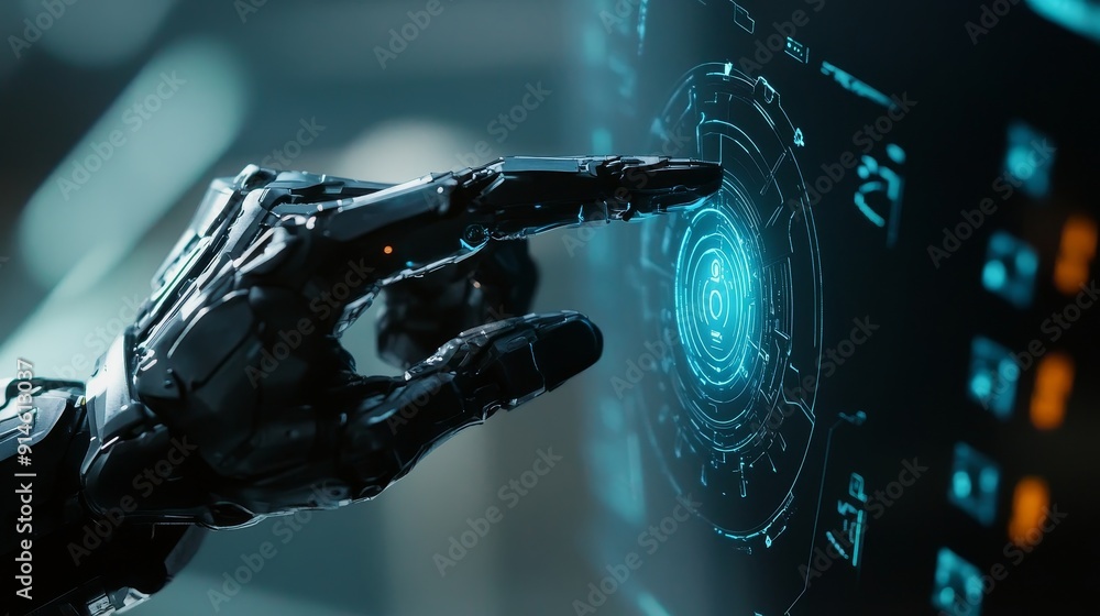 Aufkleber 3d animation of robotic hand touching touch screen with bright indicator lights