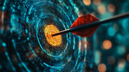 3d animation of an arrow hitting the center of a target with focus effect