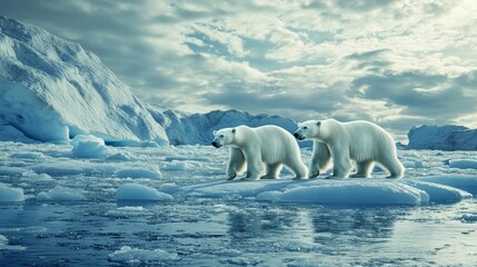 3d animation of polar bears walking on arctic ice under a cloudy sky