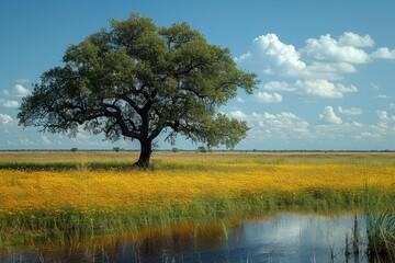 Fototapeta premium Solitary Tree in a Field of Yellow Wildflowers Near a Pond