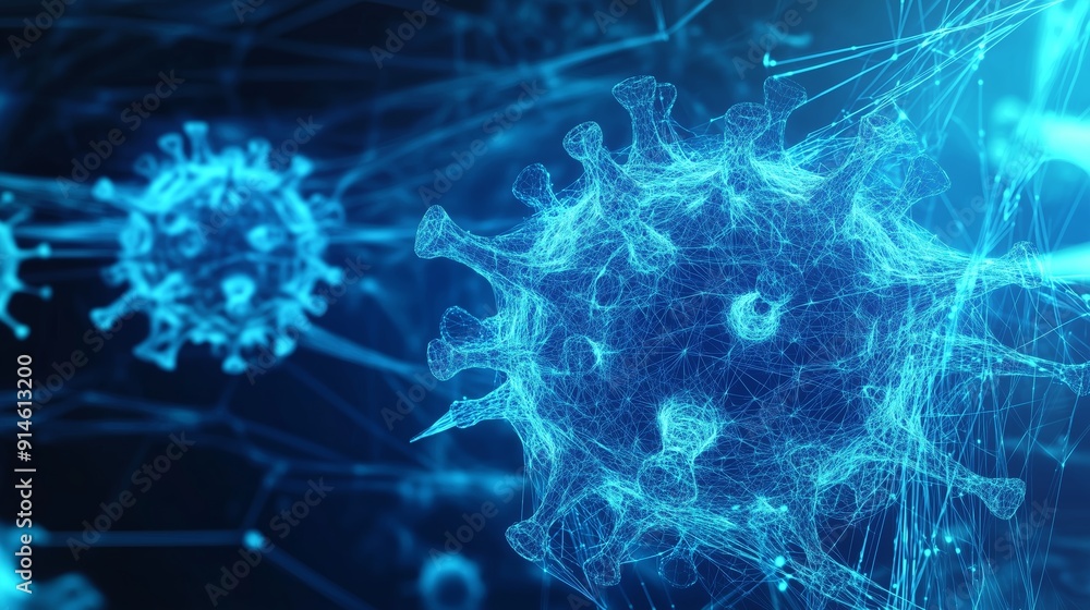 Poster detailed visualization of microscopic virus structure in lab setting during evening research session
