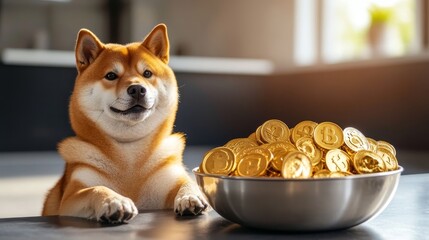 A 3D animation of a Shiba Inu dog sitting happily beside a bowl of gold coins