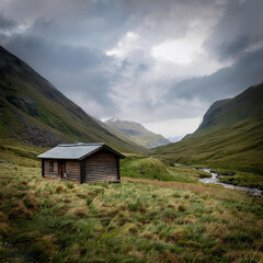 A wooden cabin sits on a hill next to a small river in front of a huge valley on a gloomy day with grey clouds in the sky.