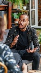 Obraz premium A man passionately speaks while sitting across from another person in a relaxed atmosphere
