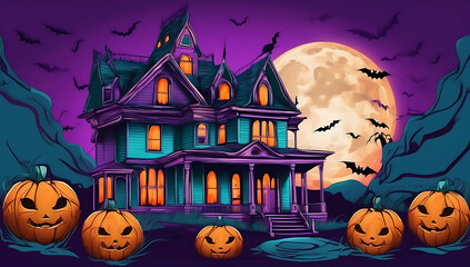 Fototapeta premium Purple Halloween haunted house scary background bats pumpkin trick or treat