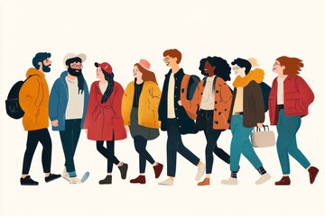 Obraz premium Group of diverse people of ethnicity walking together in harmony, inclusion, togetherness, diversity