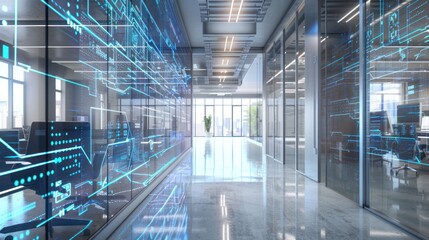 Futuristic Office Corridor with Digital Interface