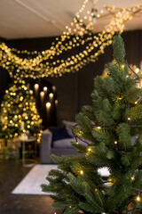 Christmas interior with a beautiful Christmas tree, sofa, light bulbs and dark background.