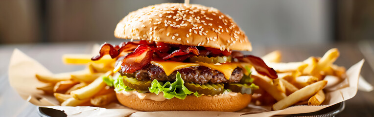  The image features a close-up of a cheeseburger with various toppings, including lettuce, cheese, and bacon, on a sesame seed bun.