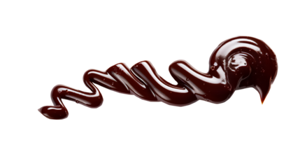 A glossy, rich swirl of melted dark chocolate, smoothly flowing with drops forming a delicate, artistic pattern on transparent png background