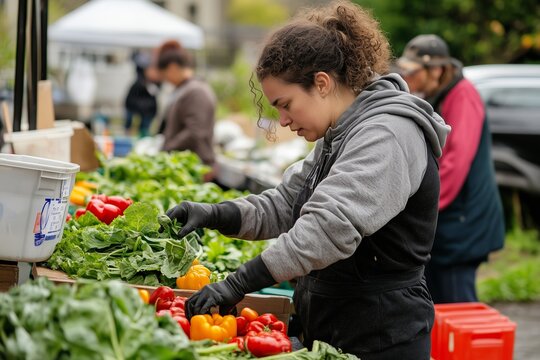 Young Woman Harvesting Fresh Vegetables at a Local Farmers Market in Autumn
