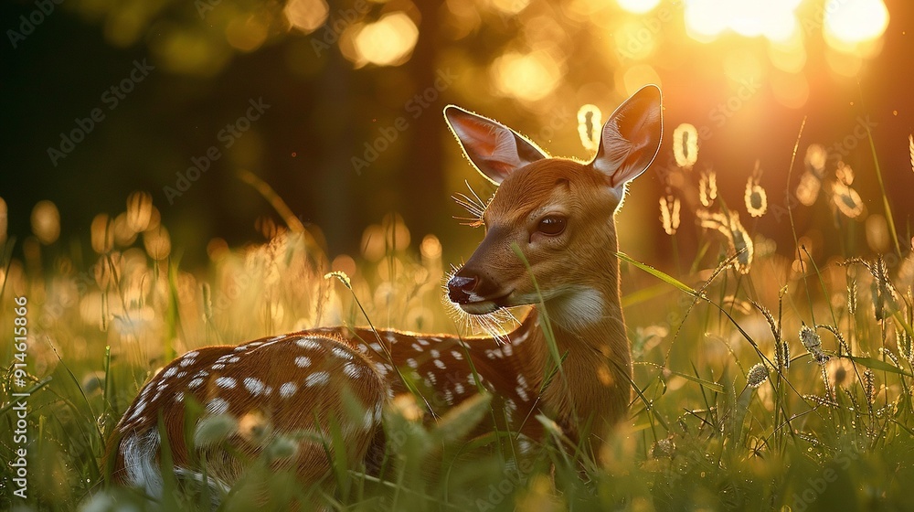 Poster a deer lies in a grassy field with sunlight filtering through the trees, and behind it is a clock