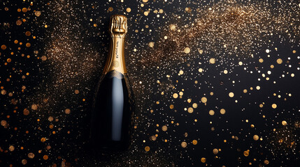 Fototapeta premium Champagne Bottle with Golden Glitter. Champagne bottle with dynamic golden glitter explosion on a black background.