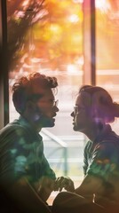 Fototapeta premium A couple gazes into each other's eyes, enjoying a quiet moment together as sunlight filters through the window