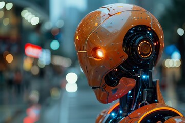 Fototapeta premium portrait of an ai robot, side view, dark background with space for custom text