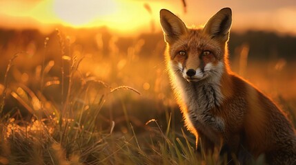 Fototapeta premium Close-up of a fox in a green field with golden sun rays and blue sky in the background