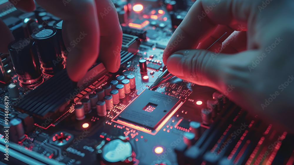 Poster repairman computer installation cpu on socket of the motherboard. computer technology and hardware m