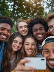 Obraz premium Friends laughing and smiling while taking a selfie together