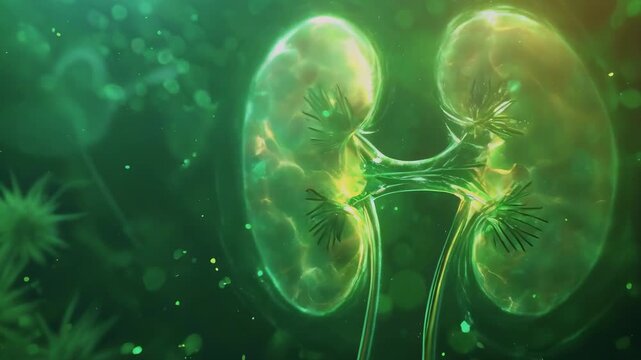 This digital 3D rendered video features an intricate depiction of human kidneys, set against a green, bokeh backdrop. It highlights the organs&rsquo; structure and function in a unique, scientific