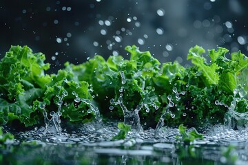 Fototapeta premium A close-up image of several leaves of lettuce with droplets of water on their upper surfaces