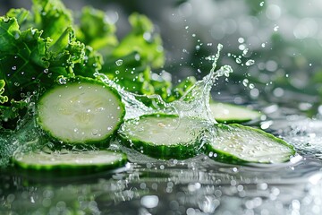   A mound of cucumber slices resting atop a water-drenched table
