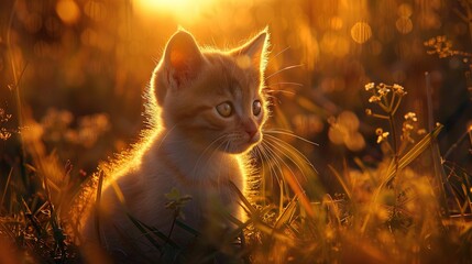   Kitten in grass field, sun shining, looking at camera