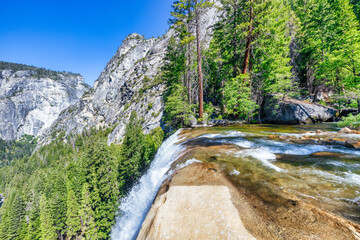 Vernal Falls, Yosemite National Park, the Misty Trail is a slippery, one-mile trail that winds through the spray of the falls.