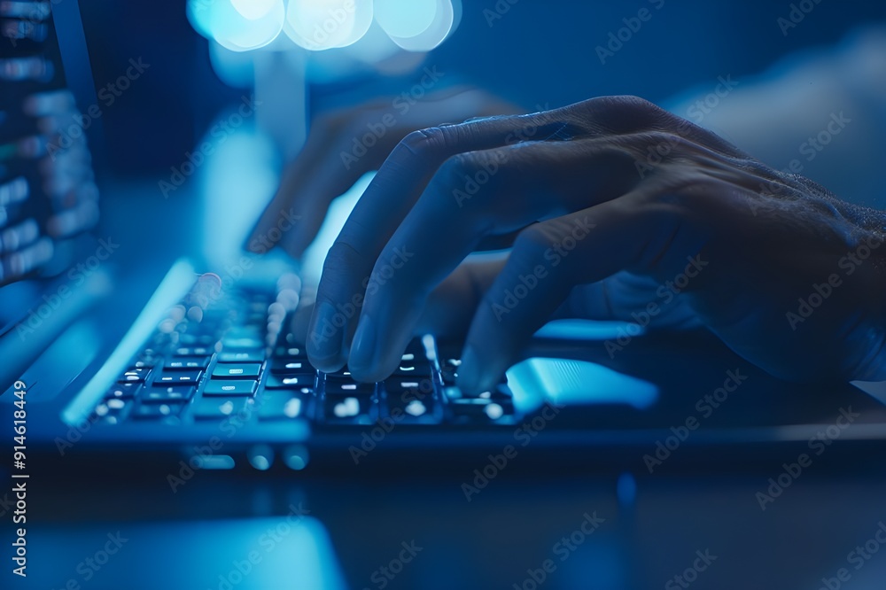 Poster close-up of hands typing on a keyboard, with the focus on the keys and fingers. the background shoul