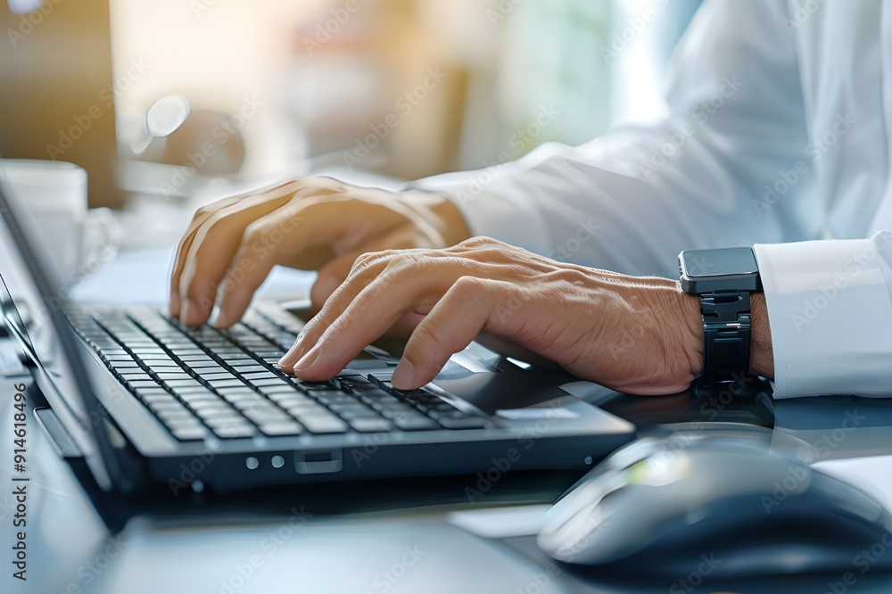 Poster close-up of hands typing on a keyboard in an office background. close up view of a man's hand typing