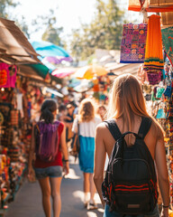 Young adults exploring a vibrant street market abroad, browsing unique crafts and sampling local delicacies