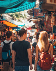 Obraz premium Young adults exploring a vibrant street market abroad, browsing unique crafts and sampling local delicacies