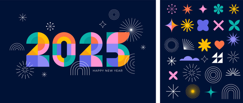 Happy New Year 2025. Geometrical modern style design, concept illustration, banner, poster and background